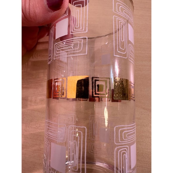 8 Vintage 1950's Block Geometric Tom Collins Glasses Gold Rim Metal Carrier - Picture 10 of 12
